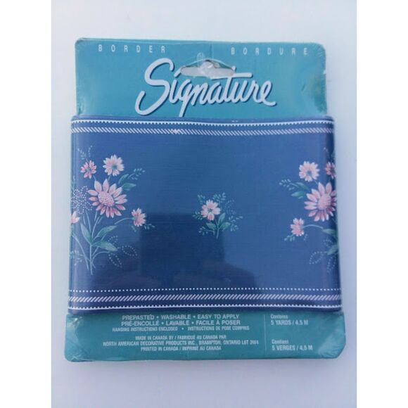 Vintage Signature Wallpaper Border Navy Pink Flowers 5 yards Cottage Core - Picture 2 of 5